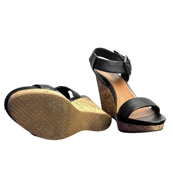 Women's Calvin Klein Black Leather Cork Wedge Heels Sandals - Size 6.5M - Picture 5 of 6